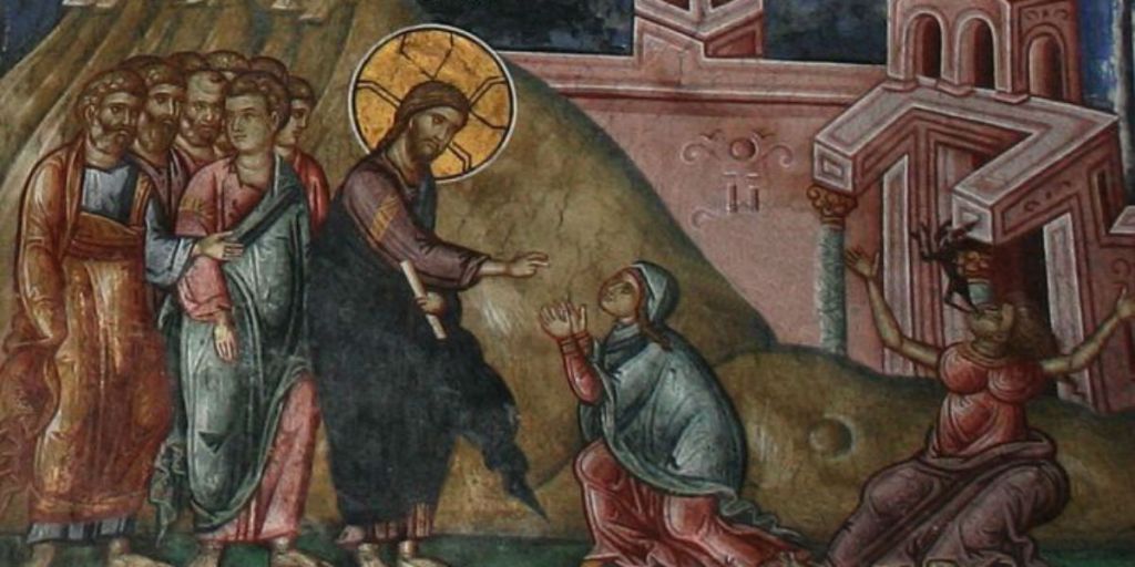 A Canaanite woman kneels before Jesus who extends his hand in blessing towards her. His disciples are grouped behind his back, they are not sure Jesus should be doing this. On the right of the picture, the woman's daughter is pictured with a demon leaving her body from her mouth. 