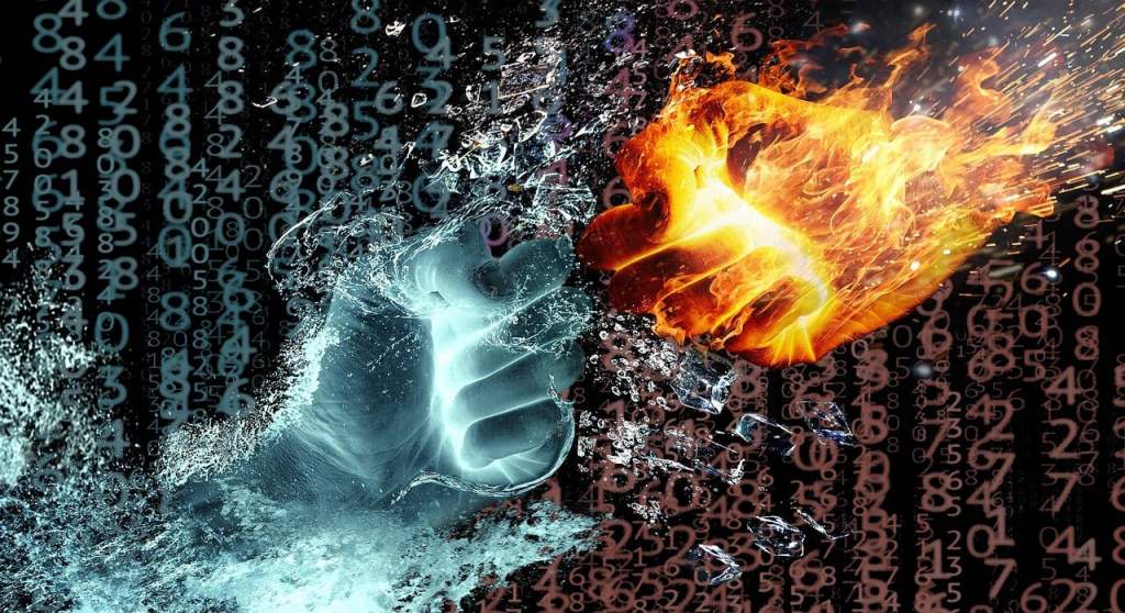 A picture of two fists colliding. One is made up of fire, the other of water. They represent the battle between good and evil
